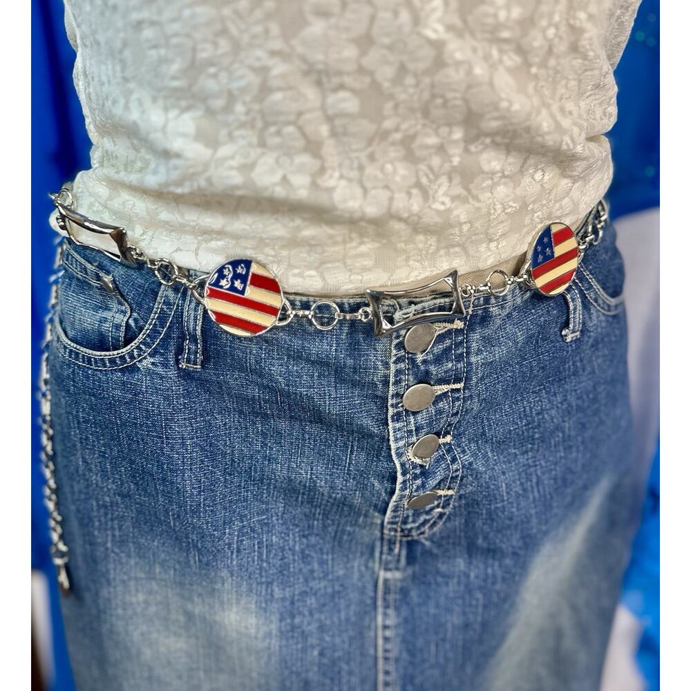 American Flag Silver Enamel Chain Belt